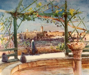 Kościół Narodzenia Pańskiego w Betlejem z ogrodu na przeciwległym wzgórzu, 1902 r.