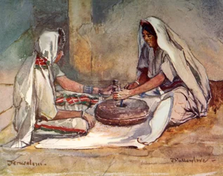 Dwie kobiety mielące w młynku ręcznym, 1902.