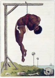 Czarna osoba powieszona żywcem za żebra do pubu Gallows. 1796.