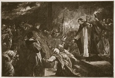 Kardynał Wolsey w opactwie Leicester Abbey, ilustracja z „Kościoła anglikańskiego: historia dla ludu” autorstwa H.D.M. Spence-Jones, wyd. ok. 1910 (zdjęcie w sepii)
