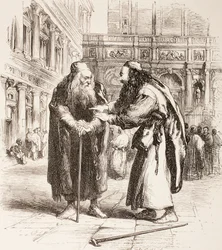 Ilustracja do Kupca weneckiego, Shylock i Tubal spotykają się na ulicy, Akt III, Scena I, z „The Illustrated Library Shakespeare”, wydanej w Londynie 1890
