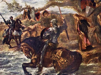 Sir Lancelot, ilustracja z „Romansu i legendy rycerskiej” A.R. Hope Moncrieffa (kolor lito)
