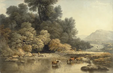 Pagórkowaty krajobraz z rzeką i bydłem, ok. 1810