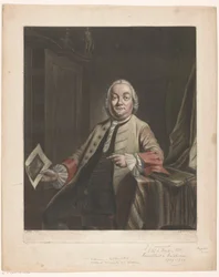 Portret Simona Fokkego z w ręku odbitką plądrowania domu Gerrita Hagedoorena, 1751