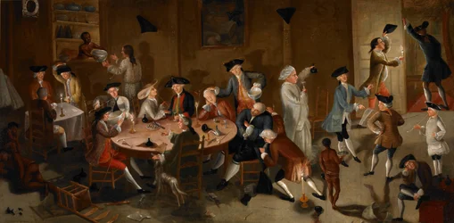 Kapitanowie morscy bawiący się w Surinamie, ok. 1752-58 (olej na obiciu łóżka)