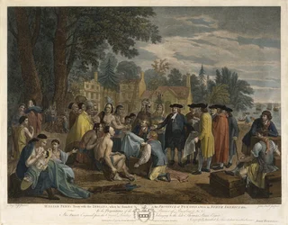 Traktat Williama Pennsa z Indianami, 1775 (rycina i akwaforta akwarelą na papierze wykładanym)