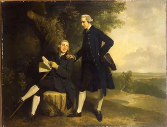 Podwójny portret Thomasa Somersa Cocksa i Richarda Cocksa z Castleditch, obaj ukazani jako niewielkie postacie w pełnej długości, pierwszy w niebieskim surducie i kamizelce, trzymający czarny trójgraniasty kapelusz, drugi siedzący w niebieskim surducie i