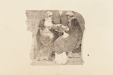 Dwie kobiety czytające przy świetle lampy, 1804 (pióro i atrament na papierze)