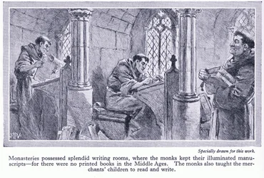 Klasztory posiadały wspaniałe sale pisarskie, w których mnisi przechowywali iluminowane rękopisy, ok. 1950