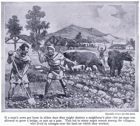 Żadnemu człowiekowi nie wolno było hodować żywopłotu ani stawiać bramy. Doprowadziło to do wielu kłótni wśród mieszkańców wsi, ok. 1950 r.