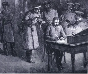 Książę Aleksander podpisuje swoją abdykację w 1886 roku, ilustracja z Historii narodów Hutchinsona, tom 4, około lat 20. XX wieku