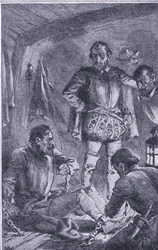 Santiago-wysłany do przodu w celu zbadania, zbiegł na brzeg i został rozbity, Newnes Pictorial Knowledge opublikowane przez Newnes, c. 1950 (lito)