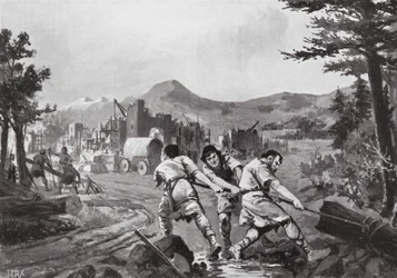 Wołoscy górale zakładający miasto, IX wiek (litografia)