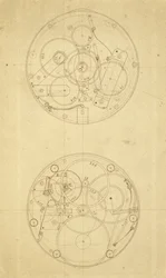 Mechanizm H.4, chronometrażowiec zaprojektowany i narysowany przez Johna Harrisona, ok. 1760-72 (tusz na papierze)
