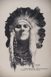 Autoportret z indiańskim nakryciem głowy, 8 marca 1939 (pióro i tusz na desce)