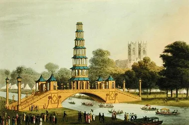Chiński most i pagoda, wzniesione w parku dla upamiętnienia chwalebnego pokoju z 1814 roku, grawerowane przez Matthew Dubourga (fl.1785-20)