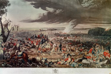 Pole Waterloo tak, jak wyglądało rankiem po pamiętnej bitwie 18 czerwca 1815 roku, akwatinta autorstwa M. Dubourga