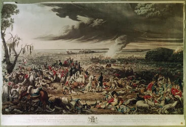 Pole Waterloo tak, jak wyglądało rano po pamiętnej bitwie 18 czerwca 1815 r., wygrawerowane przez M. Dubourga