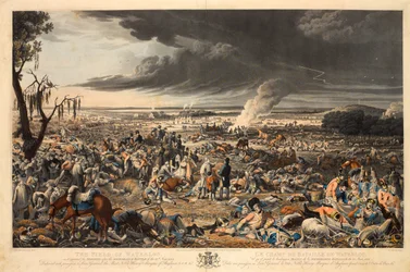„Pole pod Waterloo, jakie ukazało się rano po pamiętnej bitwie 18 czerwca 1815 roku” (akwatinta, kolorowa)