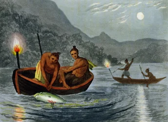 Torch Light Fishing in North America, grawerowane przez H. Merke (fl.c.1800-20), wyd. Edward Orme, 1813