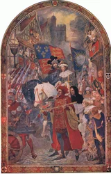 Henryk VI. Bitwa pod Barnet 1471: Wyszkolone orkiestry maszerujące na wsparcie Edwarda IV, z Cassells History of the British People opublikowanej przez Waverley Book Company Limited, c.1940 (kolorowe światło