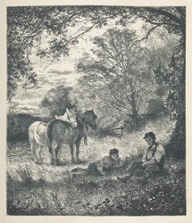 Tabliczka 11. Mężczyzna, chłopiec i konie rasy shire.  Zdjęcia natury. Seria trzydziestu oryginalnych ilustracji narysowanych na drewnie przez JH Della i rytowanych przez R. Patersona.  John Henry Dell
