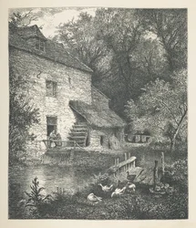 Tablica 14. Dom i młyn wodny.  Zdjęcia natury. Seria trzydziestu oryginalnych ilustracji narysowanych na drewnie przez JH Della i rytowanych przez R. Patersona.  John Henry Dell