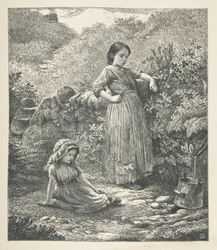 Płyta 16. Dwie młode dziewczyny.  Zdjęcia natury. Seria trzydziestu oryginalnych ilustracji narysowanych na drewnie przez JH Della i rytowanych przez R. Patersona.  John Henry Dell