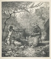 Tablica 22. Kobieta gotująca na dworze, z „Nature Pictures”, seria trzydziestu oryginalnych ilustracji narysowanych na drewnie przez J.H. Della i grawerowanych przez R. Patersona.John Henry Dell