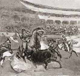 Walka byków w Sewilli, Hiszpania, z magazynu „The Century Illustrated Monthly Magazine”, opublikowanego w 1884 r. (rycina drzeworytnicza)