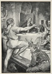 Beowulf wyniośle odpowiada Hunferthowi z „Hero Myths and Legends of the British Race” autorstwa M.I. Przypływ, 1910