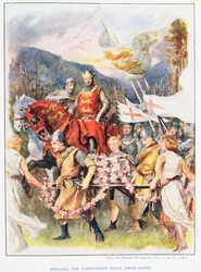 Sprowadzenie Kamienia Koronacyjnego ze Scone, ilustracja z „Stories of Royal Children from English Stories” Doris Ashley, wydanej przez Raphael Tuck, 1920