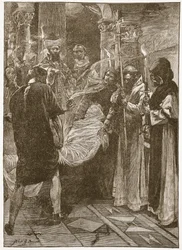 Pogrzeb króla Ethelberta z Kentu, ilustracja z „Kościoła anglikańskiego: historia dla ludu” autorstwa H.D.M. Spence-Jones, wyd. ok. 1910 (litografia) (zdjęcie w sepii)