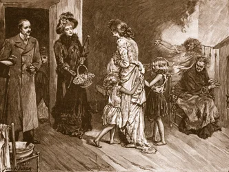 Zachód spotyka się ze Wschodem: zamożni goście mieszkający w slumsach, ilustracja z „Ilustrowanej historii Anglii Cassella” (zdjęcie w sepii)