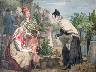 Targ kwiatowy, Paryż, ryty przez Charlesa Josepha Hullmandela (1789-1850), opublikowana w 1821 r.