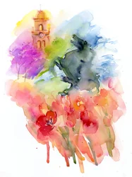 Plac z czerwonymi tulipanami, 2016, (akwarela)