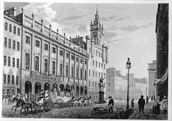 Widok ratusza, Exchange, Glasgow, rytowany przez Josepha Swana, 1828