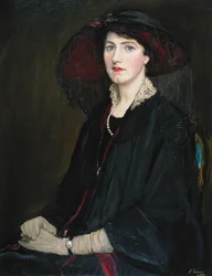 Portret lady Raeburn, siedzącej w półpostaci, w żakiecie z koronkowym kołnierzem, naszyjniku z pereł i czarnym kapeluszu