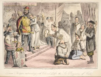 Królowa Filipa wstawia się u Edwarda III w sprawie sześciu mieszczan z Calais, z The Comic History of England, wyd. 1864 (akwaforta ręczna)