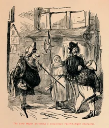 Burmistrz aresztuje podejrzaną postać Dwunastej Nocy, c1860, c1860