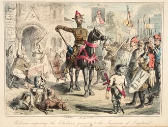 Wilhelm Zdobywca dokonujący inspekcji Ochotników przed inwazją na Anglię, z The Comic History of England, wyd. 1864 (akwaforta ręczna)