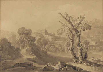 Bez tytułu: Klasyczne miasto w krajobrazie, 1816 (pranie na karcie)