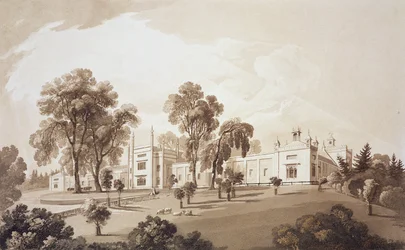Widok farmy z ekranem do stajni i budynków gospodarczych do Sezincote House, wyryty przez Fredericka Christiana Lewisa seniora. (1779-1856), ok. 1817-18 (akwatinta w sepii)