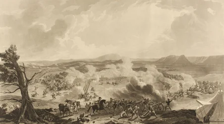 „Bitwa pod Kirkee stoczyła się 5 listopada 1816 r., kiedy to pamiętna okazja 4785 [sic] wojsk brytyjskich pokonała Armię Mahratty” (akwatinta, kolorowa)