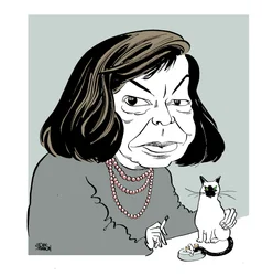 Patricia Highsmith - karykatura z palącym kotem