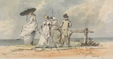 W Brighton, 1804: Trzy kobiety, dziecko i mężczyzna patrzący na morze