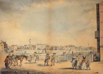 Brighton, przedstawiający krążącą bibliotekę panny Widgett, Marlborough House, Castle Inn and Assembly Rooms oraz Marine Pavilion, 1792