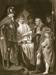 Baliol oddający swoją koronę Edwardowi I, rytowany przez J. Parkera, ilustracja z „Historii Anglii” Davida Hume