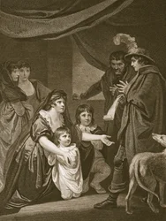 Lady Elizabeth Gray błagająca Edwarda IV o ochronę swoich dzieci, grawerowana przez W. Bromleya, ilustracja z „Historii Anglii” Davida Hume