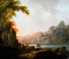 Scena nad jeziorem z bydłem (olej na płótnie)